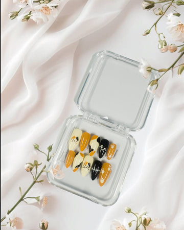 Halloween Cat Paw & Heartbeat Press-On Nails – Orange, Black & Cream Glossora Set