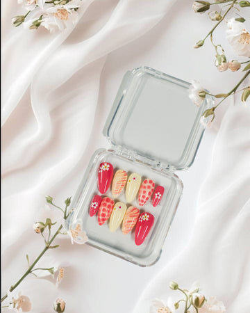 Glossora Red & Yellow Press-On Nails with Daisy Floral Art