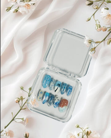 Ocean Escape – Glossora Blue Beach-Inspired Press-On Nails with Palm & Wave Design