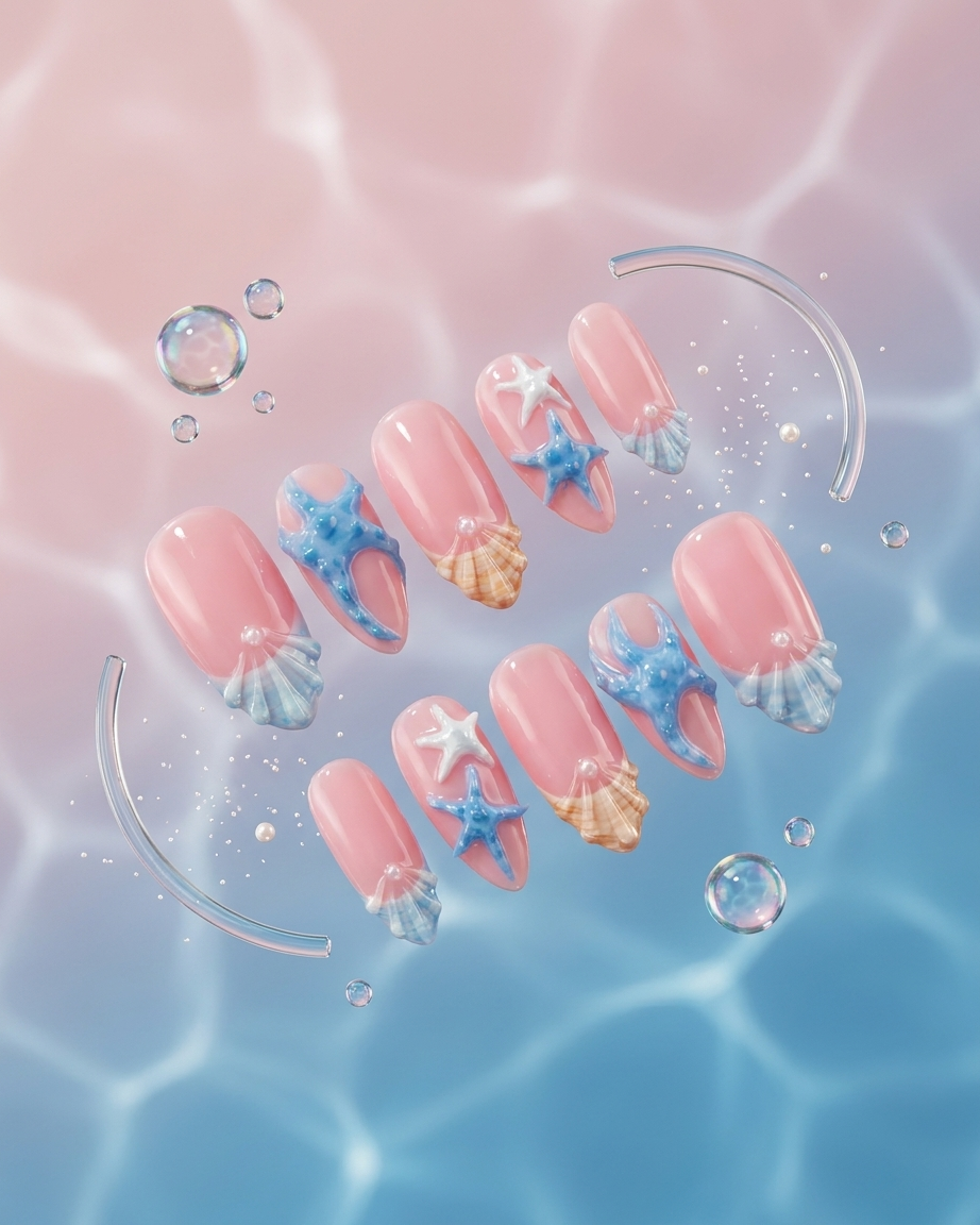 Starry beach party handmade reusable press on nails by Glossora