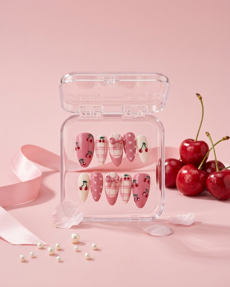 Cherry darling handmade reusable press on nails by Glossora