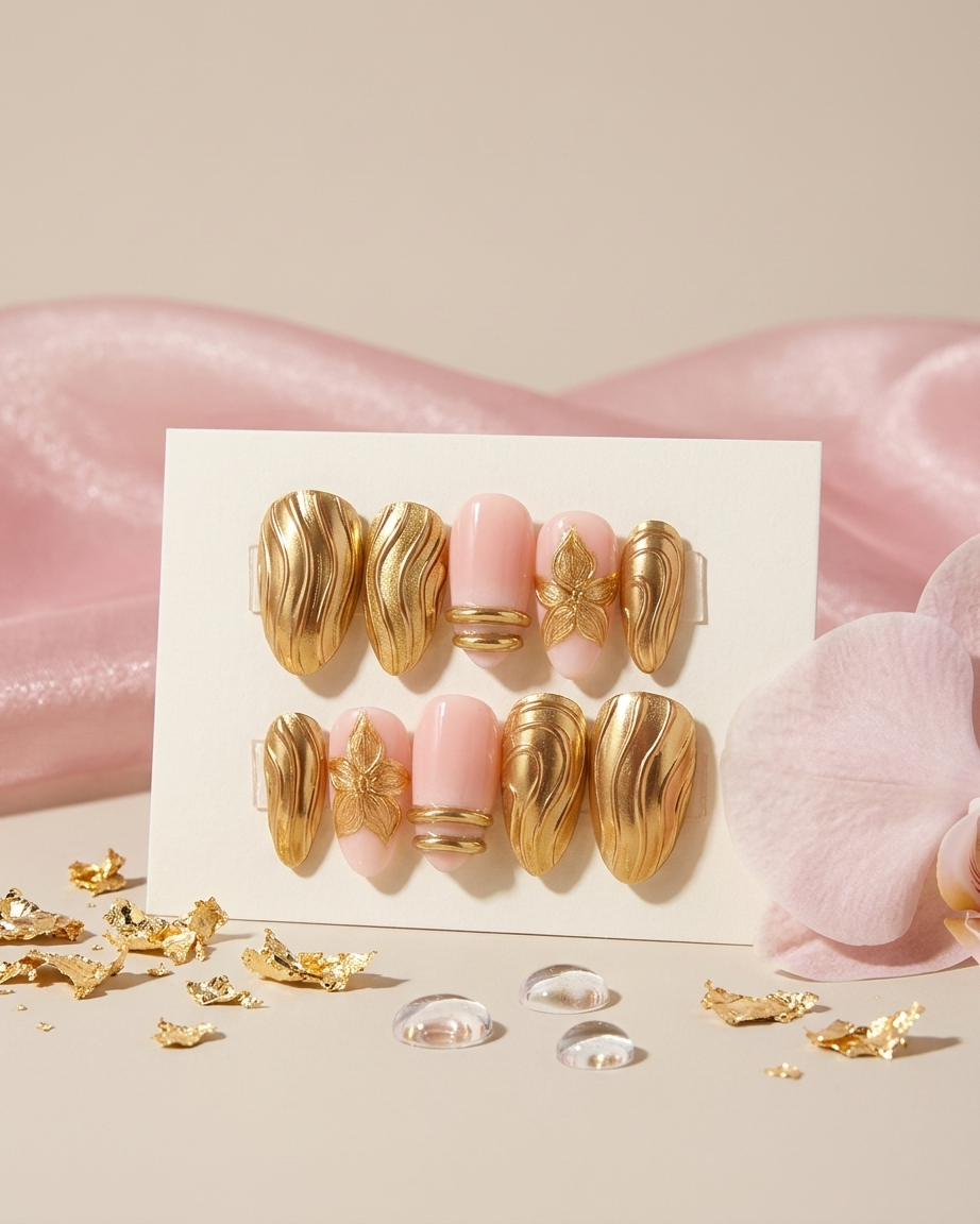 Gilded petal handmade reusable press on nails