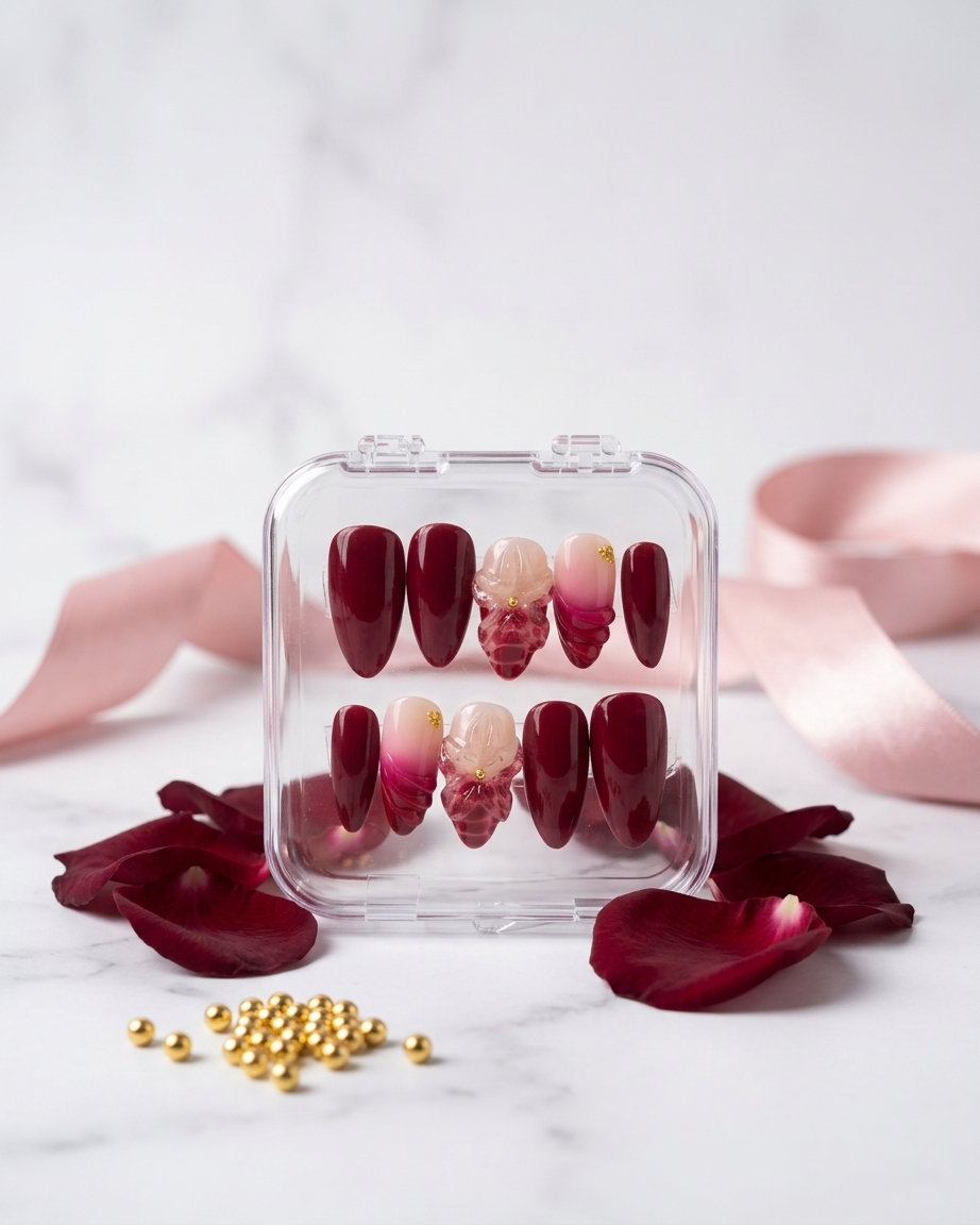 Velvet rose handmade reusable press on nails by Glossora