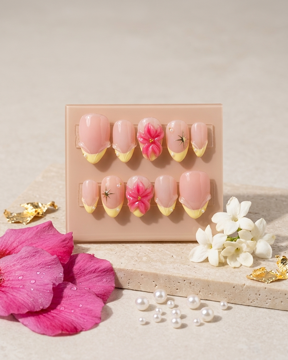 Sunny blossom french handmade reusable press on nails