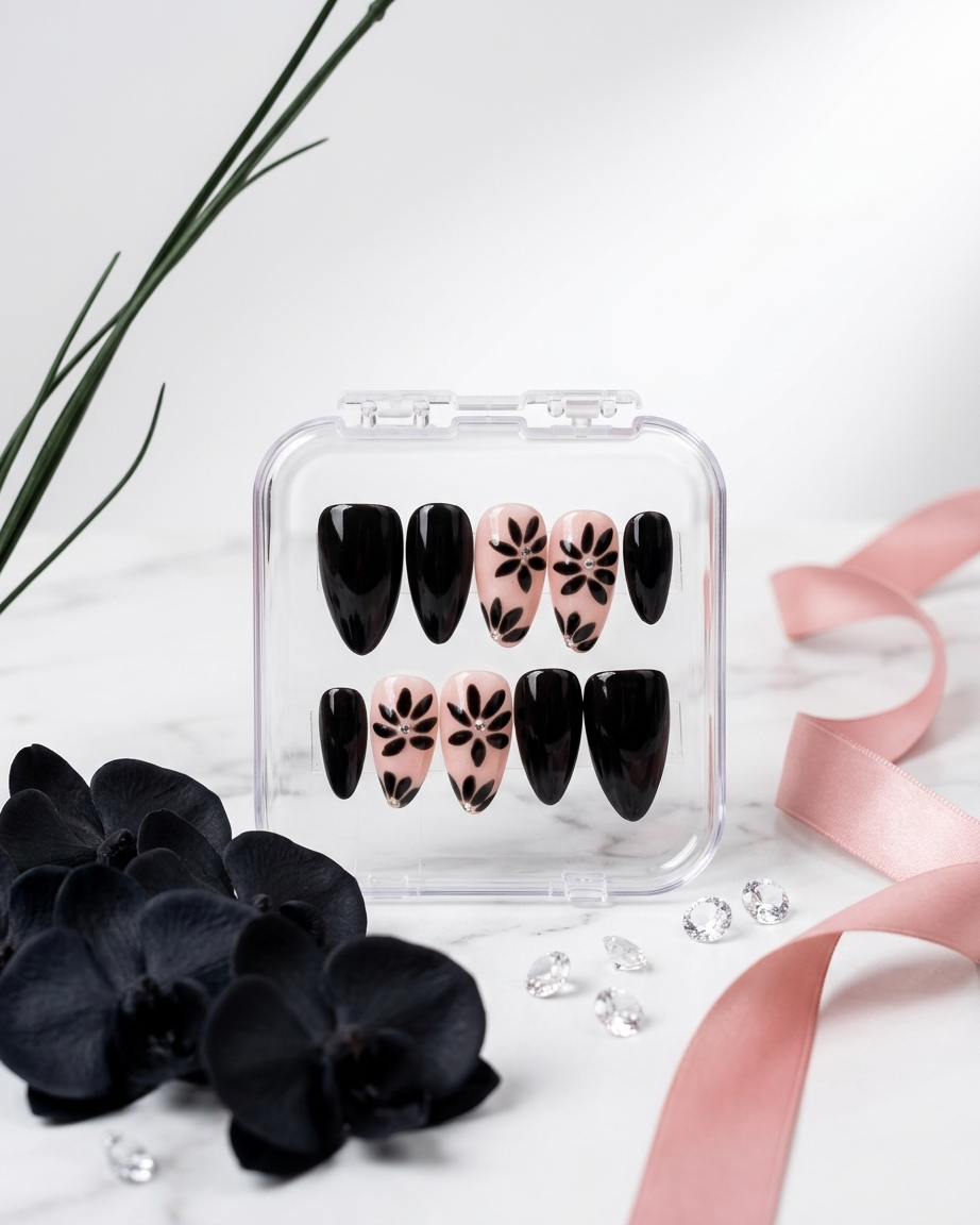 Black and nude botanical handmade reusable press on nails by Glossora