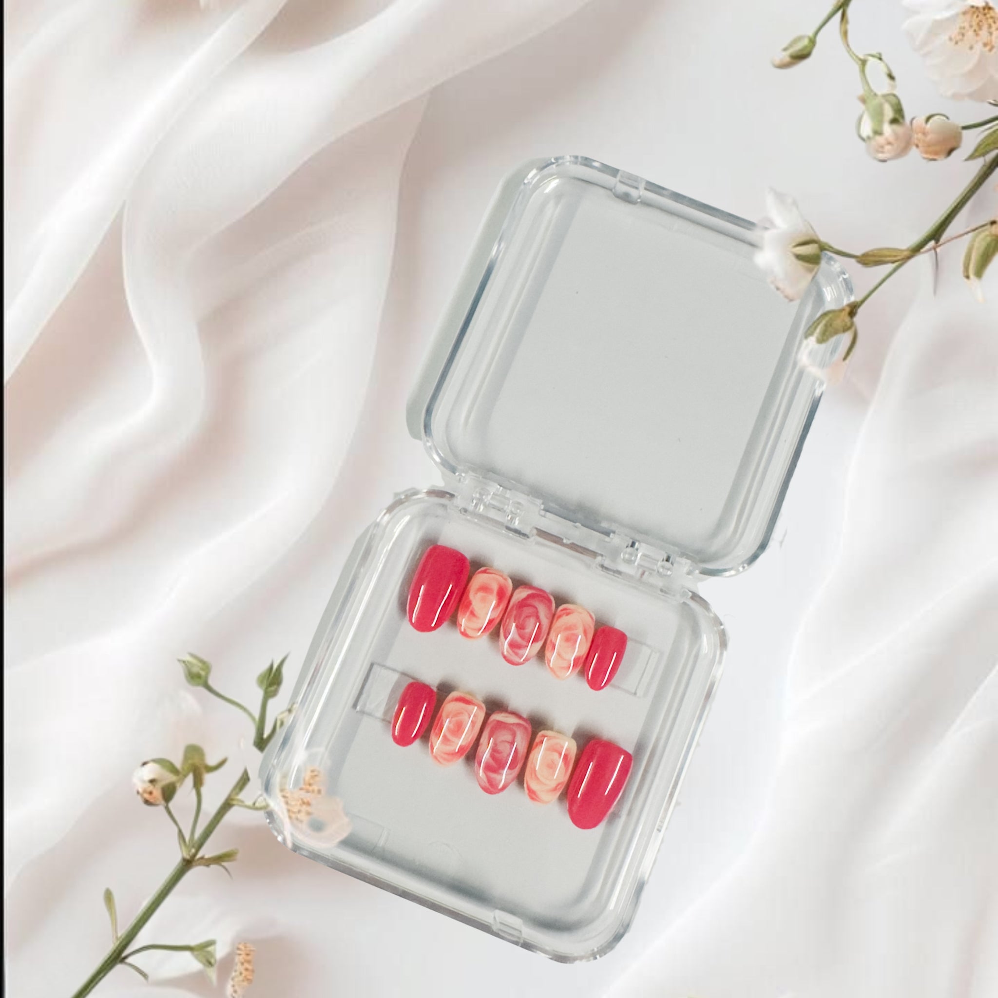 Glossora Pink & Coral Marble Press-On Nails – Romantic Swirl Manicure Set