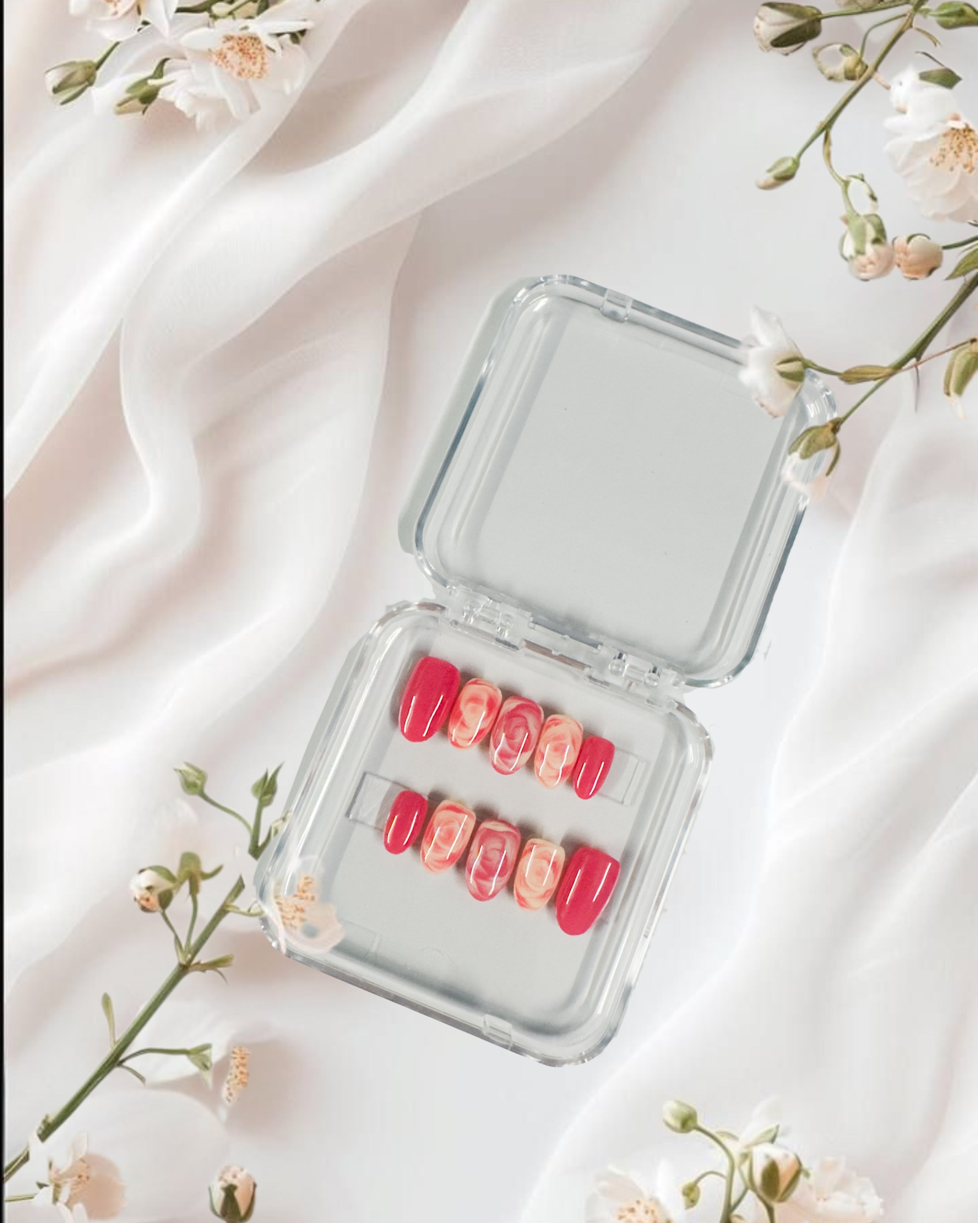Glossora Pink & Coral Marble Press-On Nails – Romantic Swirl Manicure Set
