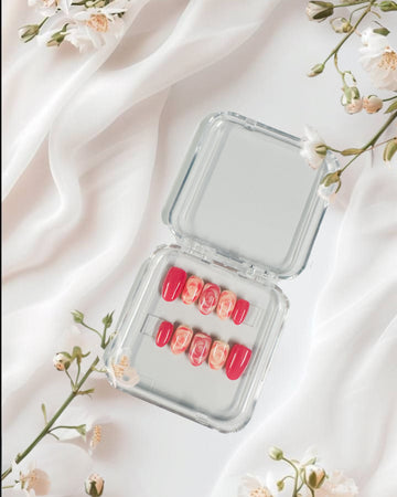 Glossora Pink & Coral Marble Press-On Nails – Romantic Swirl Manicure Set