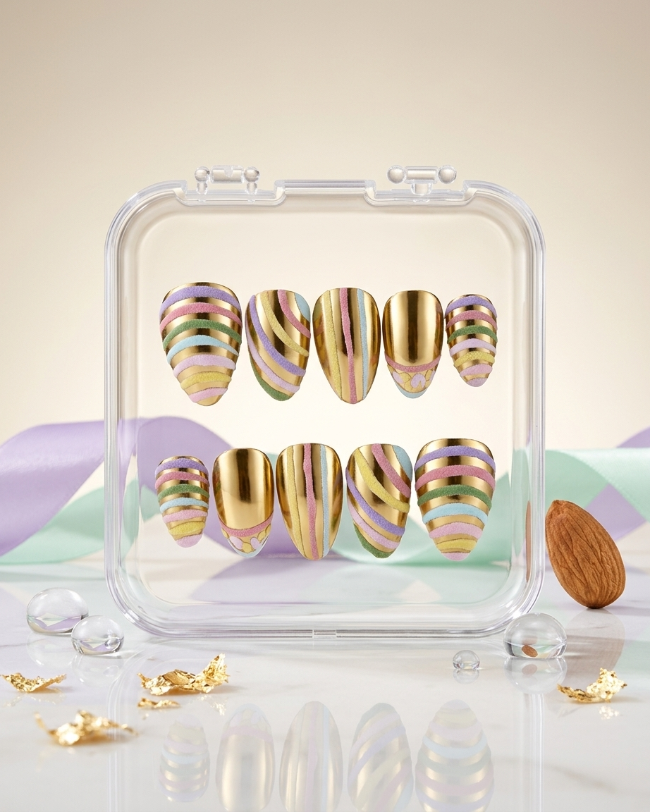 Golden candy swirl handmade reusable press on nails