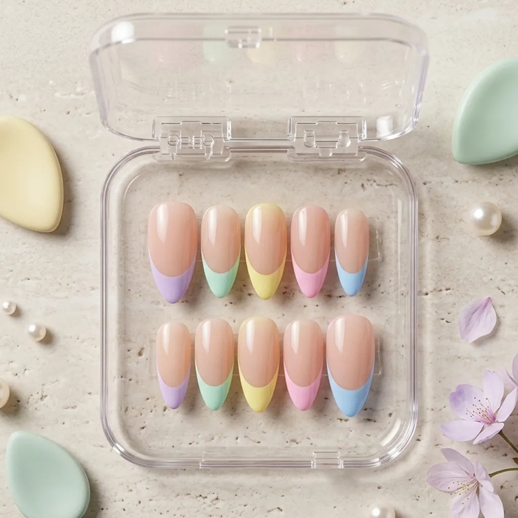 Ten false press-on nails arranged in two rows on a light beige textured surface. Each nail has a nude peach top half and a pastel French tip half: purple, mint green, pale yellow, pink, and light blue.