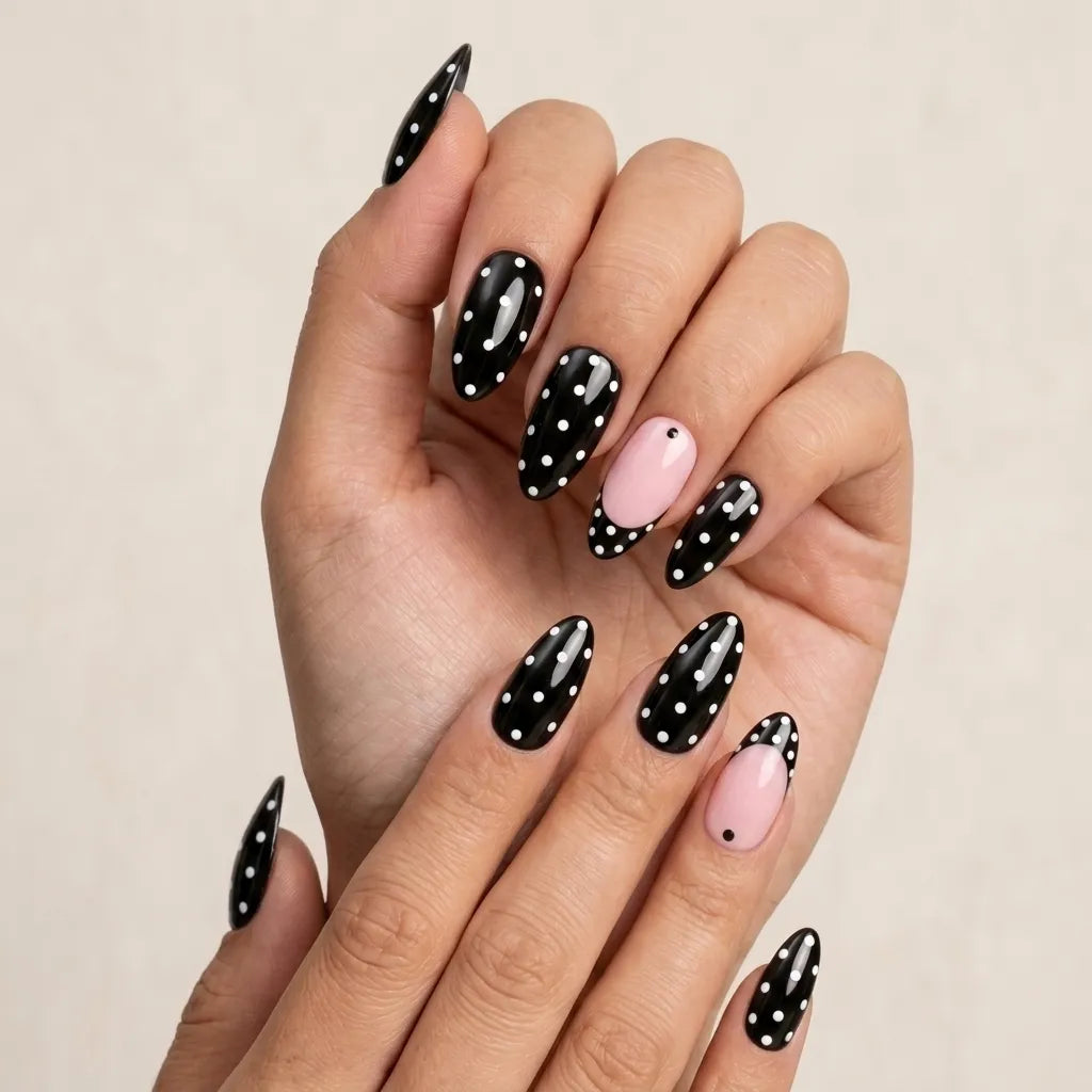 A close-up of a hand with long almond-shaped nails styled in a black and white polka dot pattern, with one accent nail in light pink and a small black dot detail.