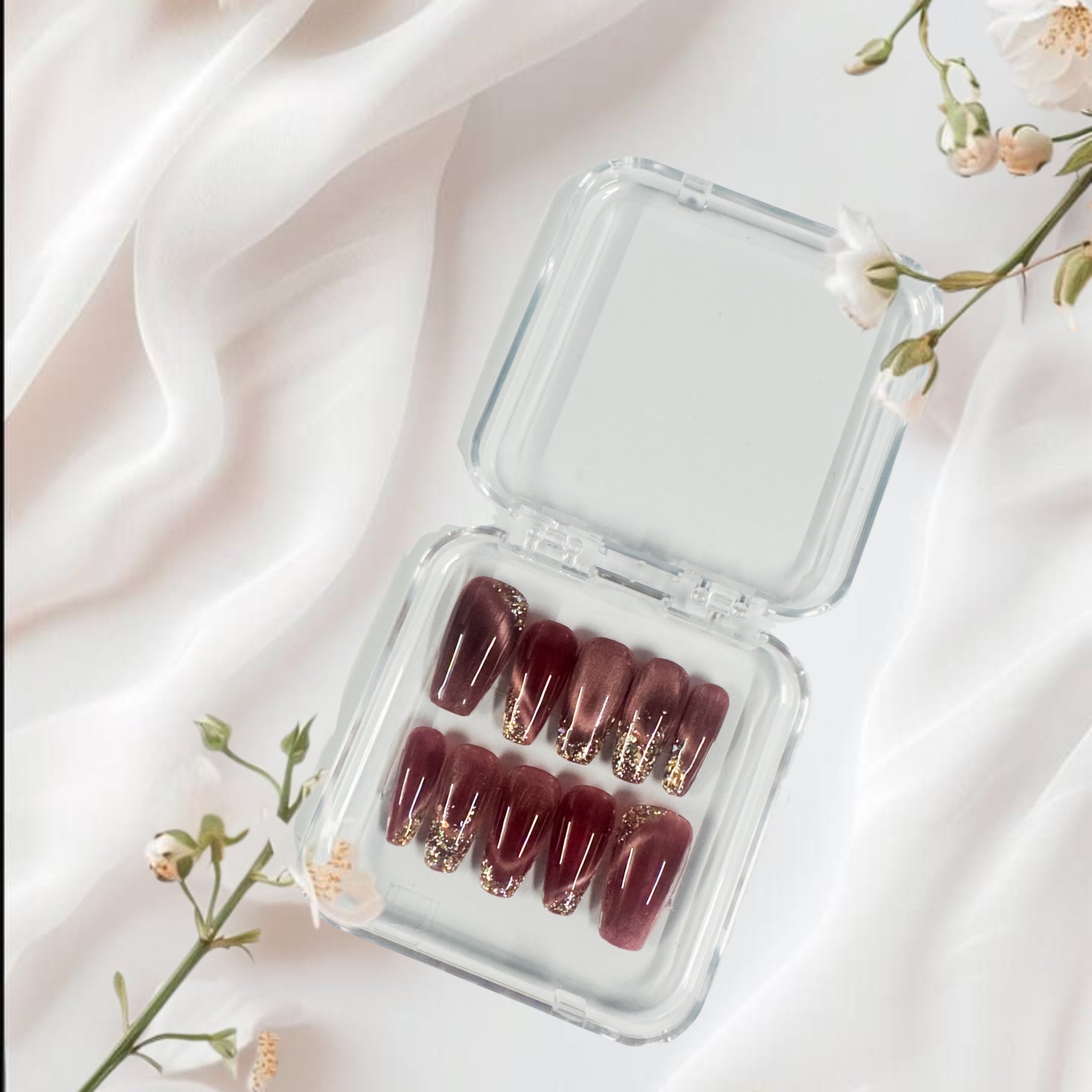 Glossora Burgundy Glitter Ombre Press-On Nails – Luxe Shimmer Manicure Set