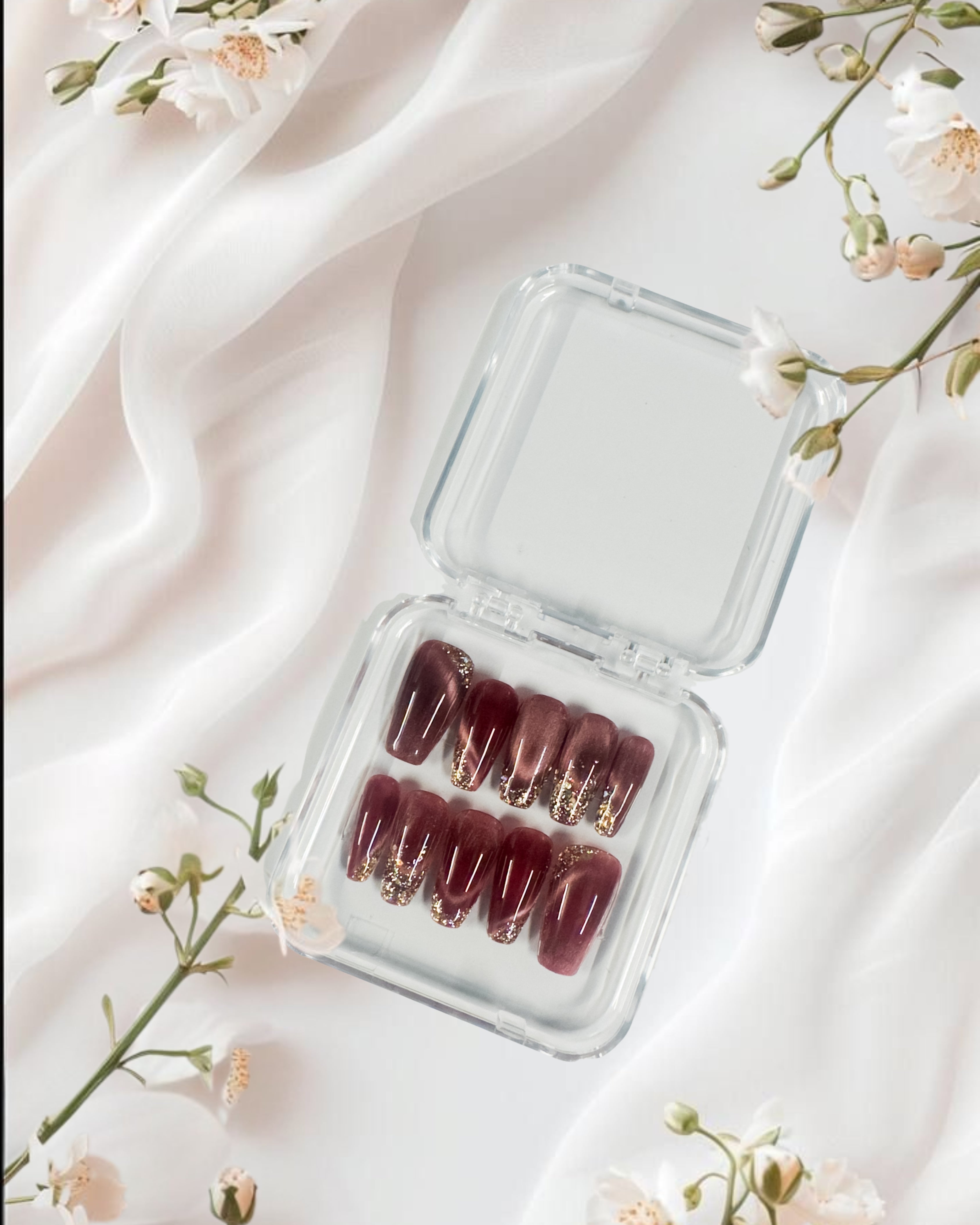 Glossora Burgundy Glitter Ombre Press-On Nails – Luxe Shimmer Manicure Set