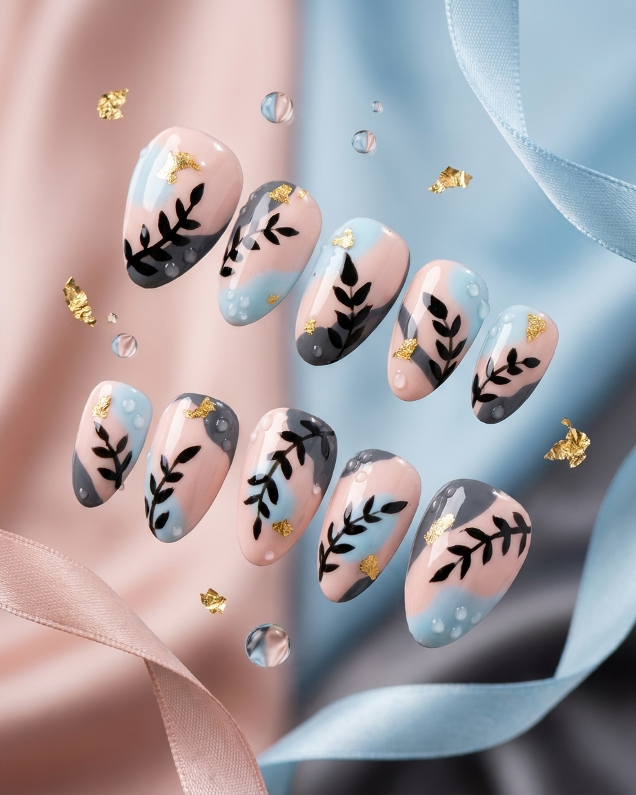 Golden leaf elegance handmade reusable press on nails by Glossora