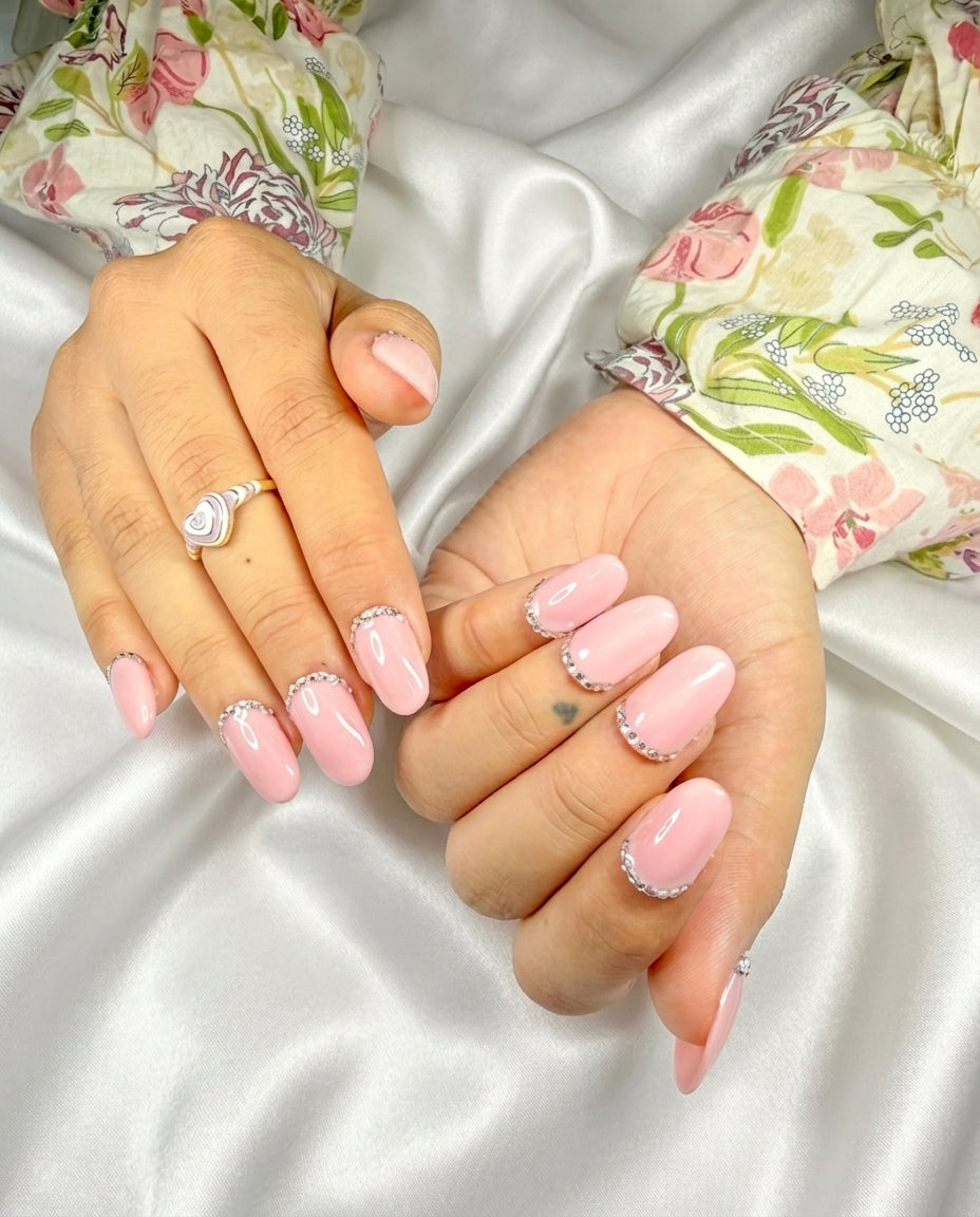 Blush pink crystal handmade reusable press on nails by Glossora