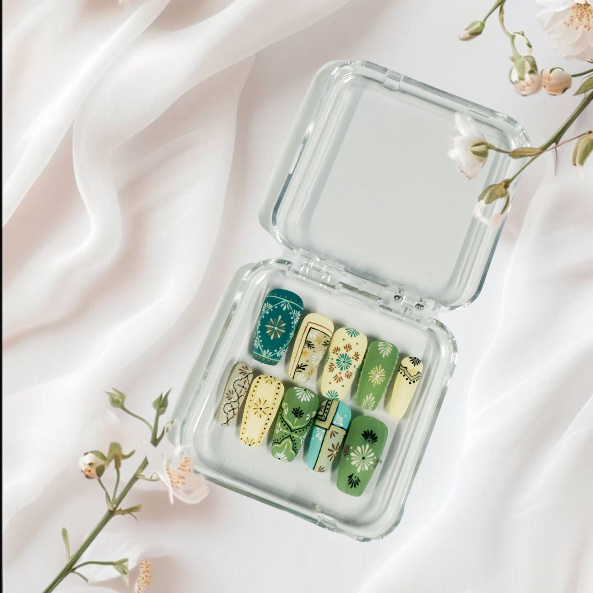 Glossora Boho Floral Press-On Nails – Green & Teal Hand-Painted Art Set
