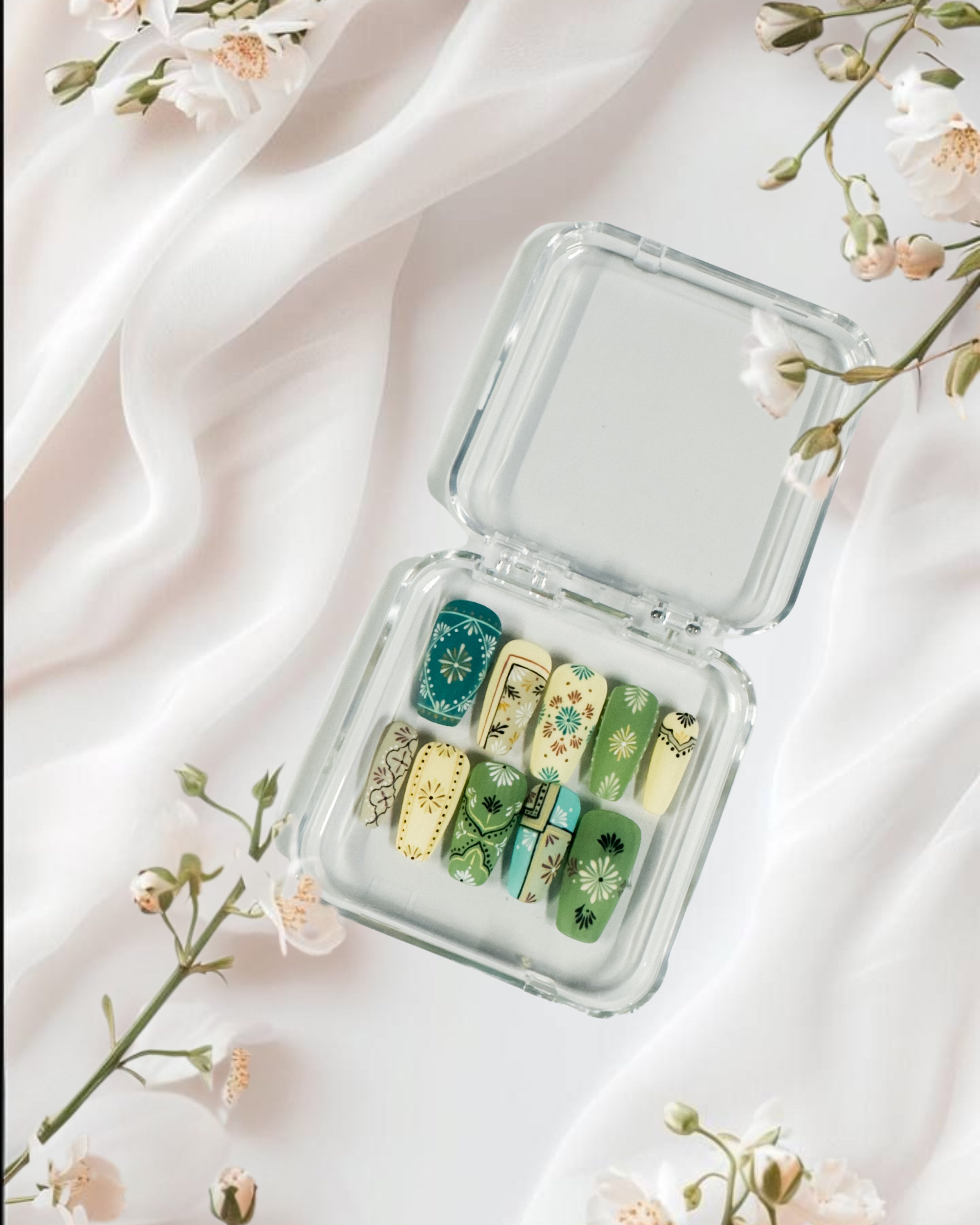 Glossora Boho Floral Press-On Nails – Green & Teal Hand-Painted Art Set