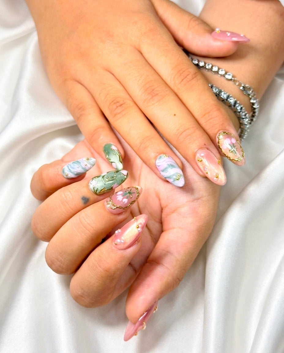 Fresh garden marble handmade reusable press on nails by Glossora