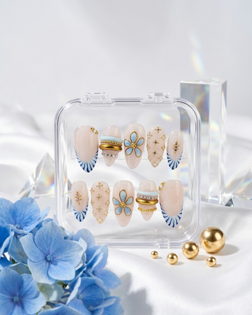 Blue bloom jewelry handmade reusable press on nails by Glossora