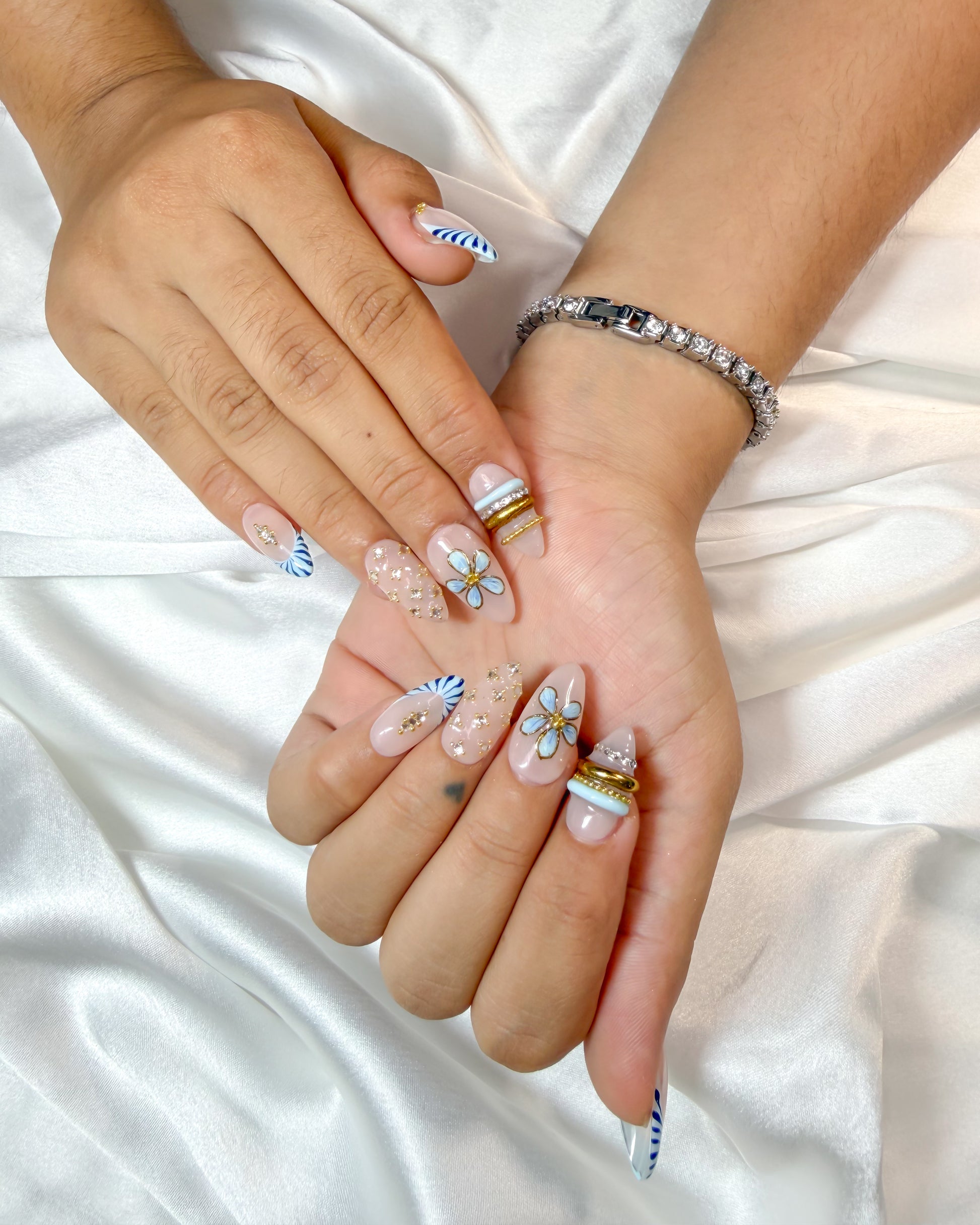 Blue bloom jewelry handmade reusable press on nails by Glossora