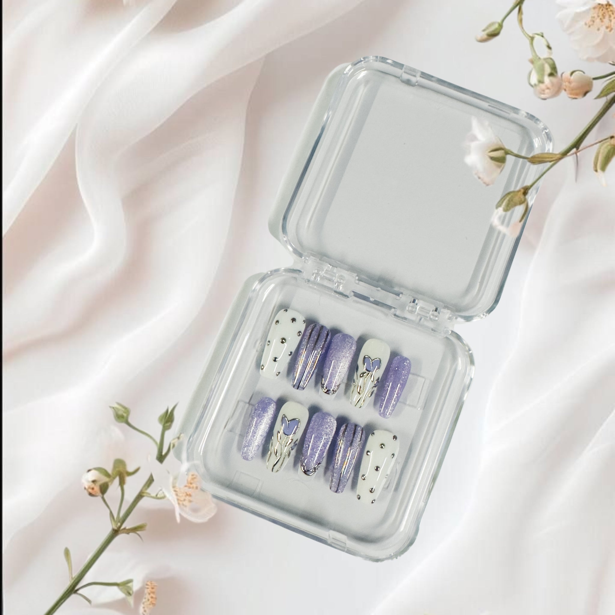 Glossora Lavender Butterfly Press-On Nails – Glitter & Stud Accent Manicure