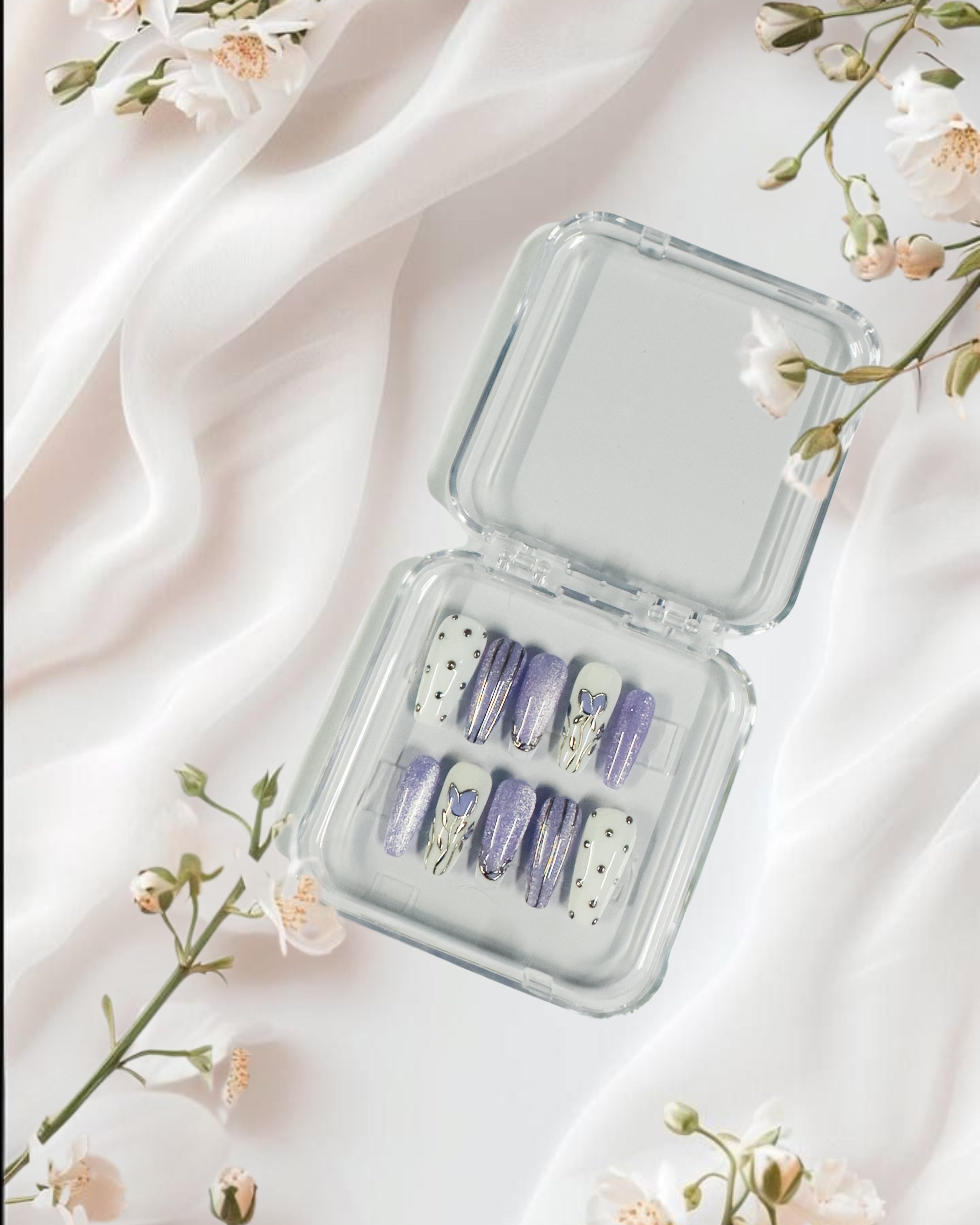 Glossora Lavender Butterfly Press-On Nails – Glitter & Stud Accent Manicure