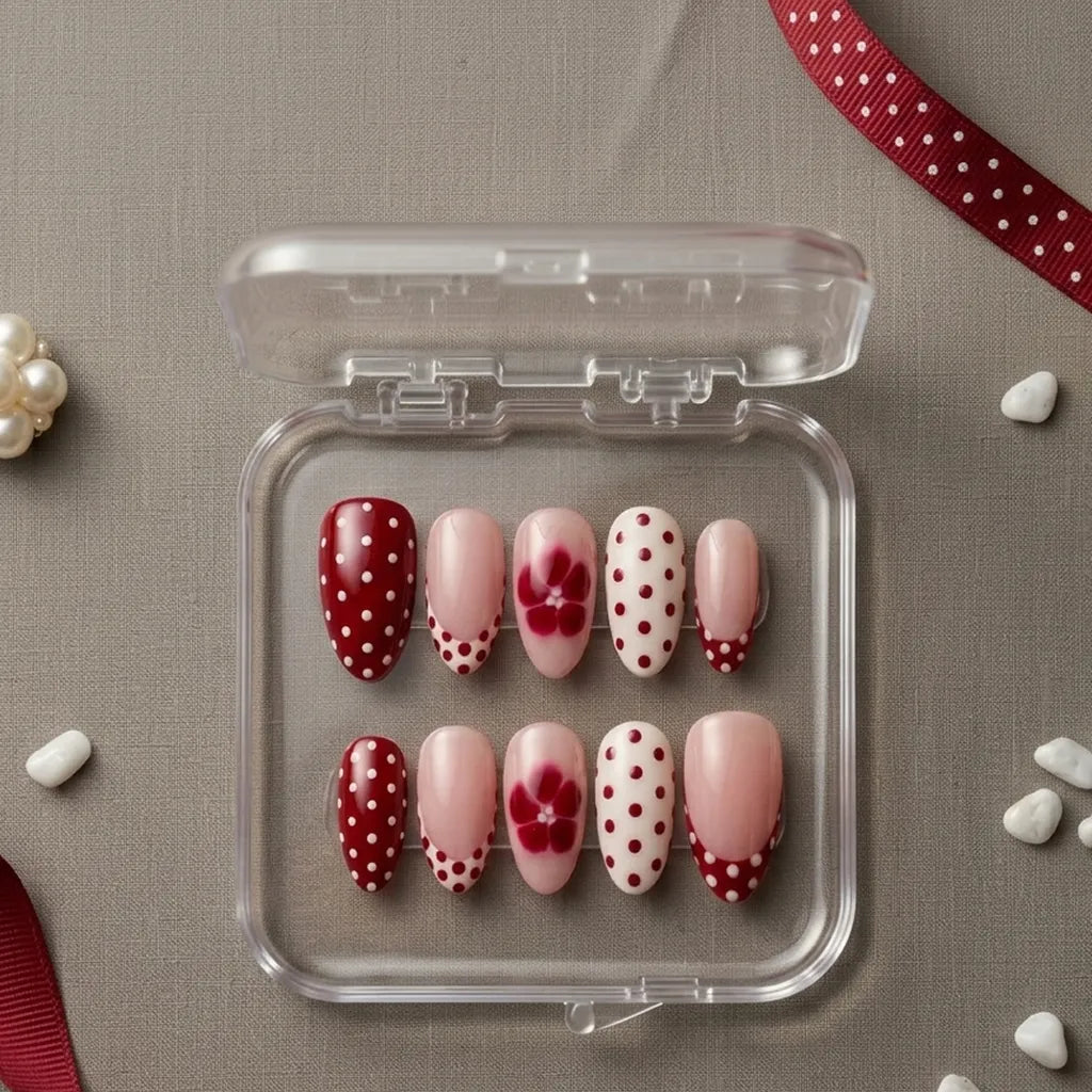 A set of 10 press-on nails displayed in a clear plastic case on a textured beige surface, decorated with red and white polka dots, floral designs, and solid pale pink tips, accented by ribbons and pearls.