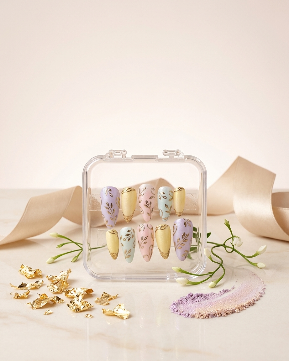 Soft pastel floral handmade reusable press on nails by Glossora
