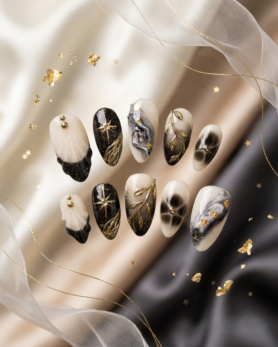Celestial night star handmade reusable press on nails by Glossora