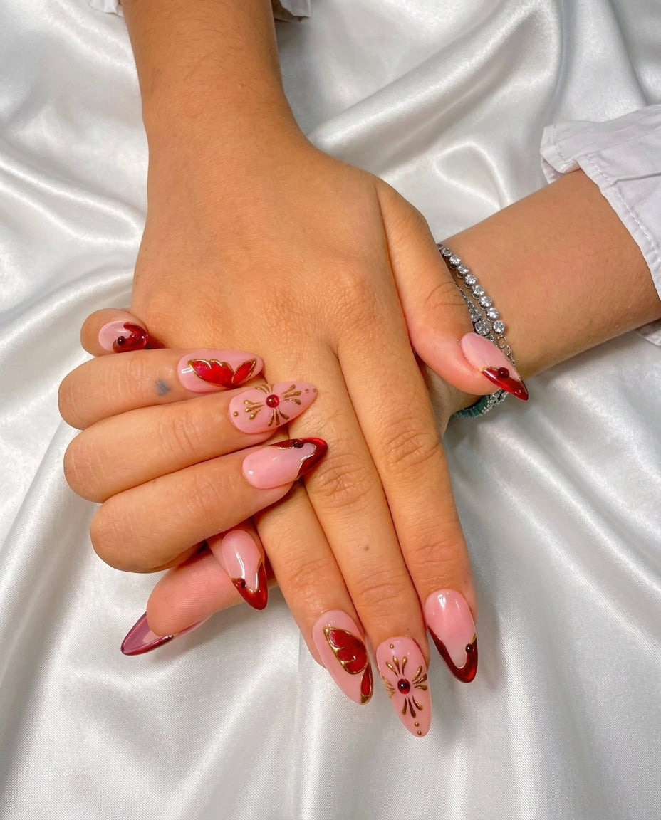 Crimson gold butterfly handmade reusable press on nails