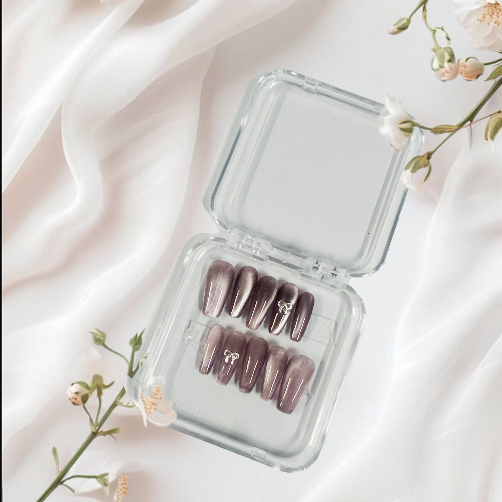 Twilight Bow Elegance – Shimmer Mauve Press-On Nails with 3D Bow Accent