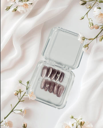 Twilight Bow Elegance – Shimmer Mauve Press-On Nails with 3D Bow Accent