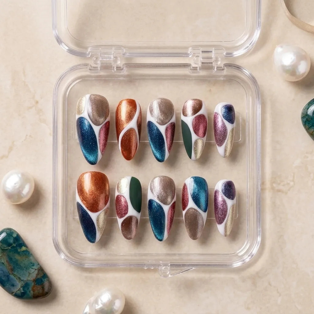 A set of 10 press-on nails with a metallic, abstract leaf pattern in multiple colors, displayed in a clear plastic case on a beige stone surface with decorative pearls and crystals.