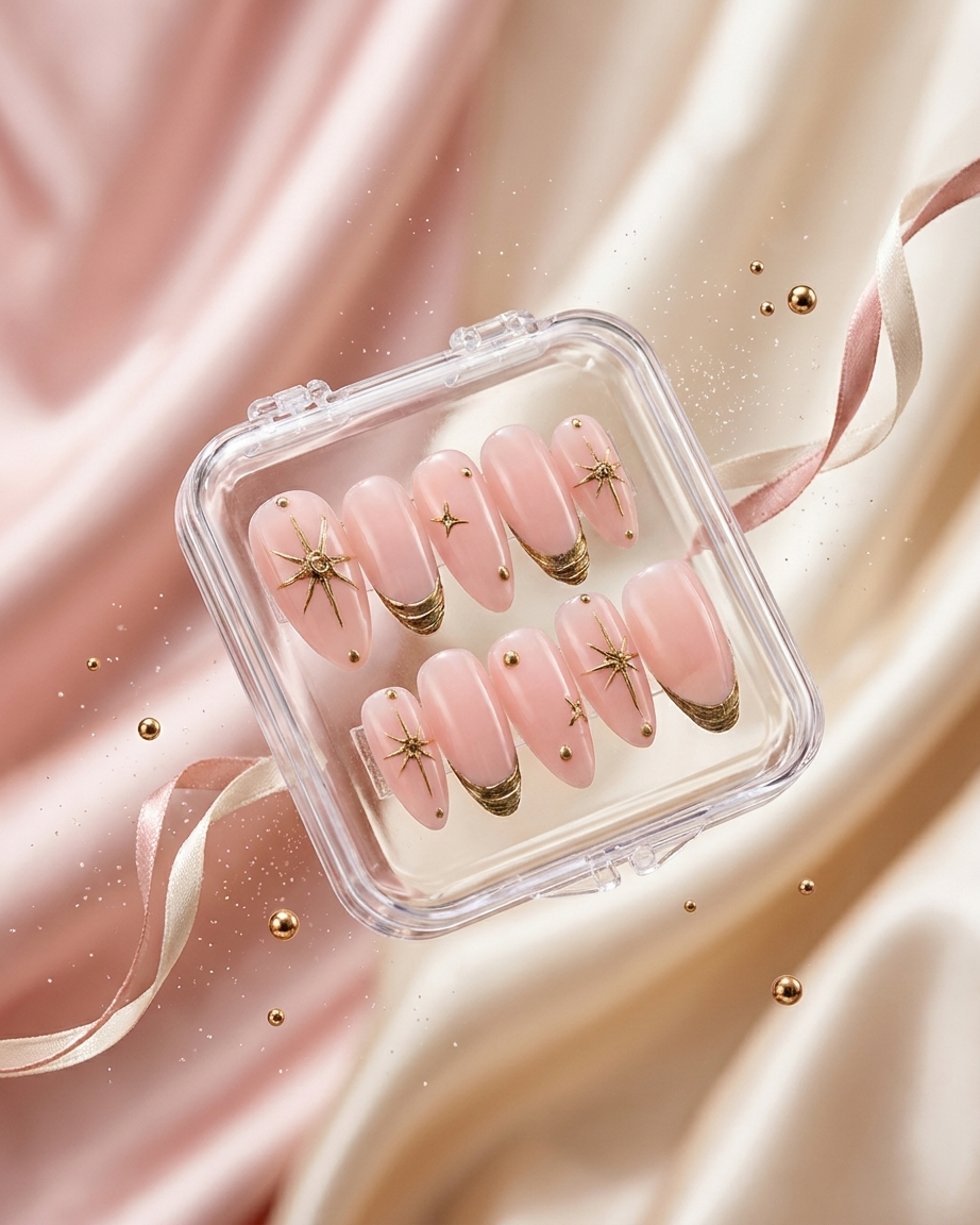 Peach glow celestial handmade reusable press on nails