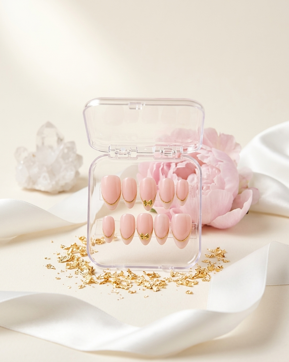 Cute gold bow handmade reusable press on nails by Glossora