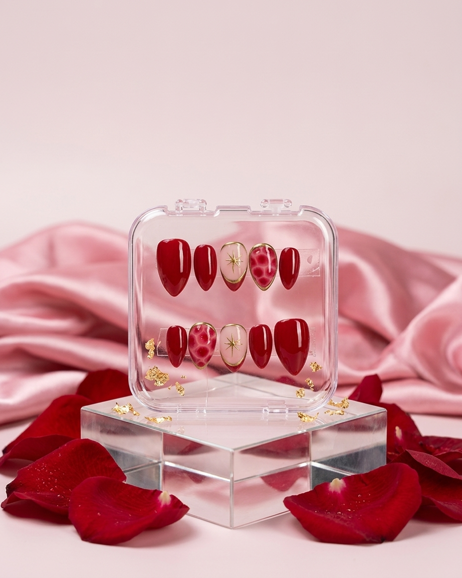 Crimson star luxe handmade reusable press on nails by Glossora