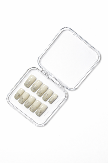 Ivory nude press-on nail set with silver glitter fade 🤍✨