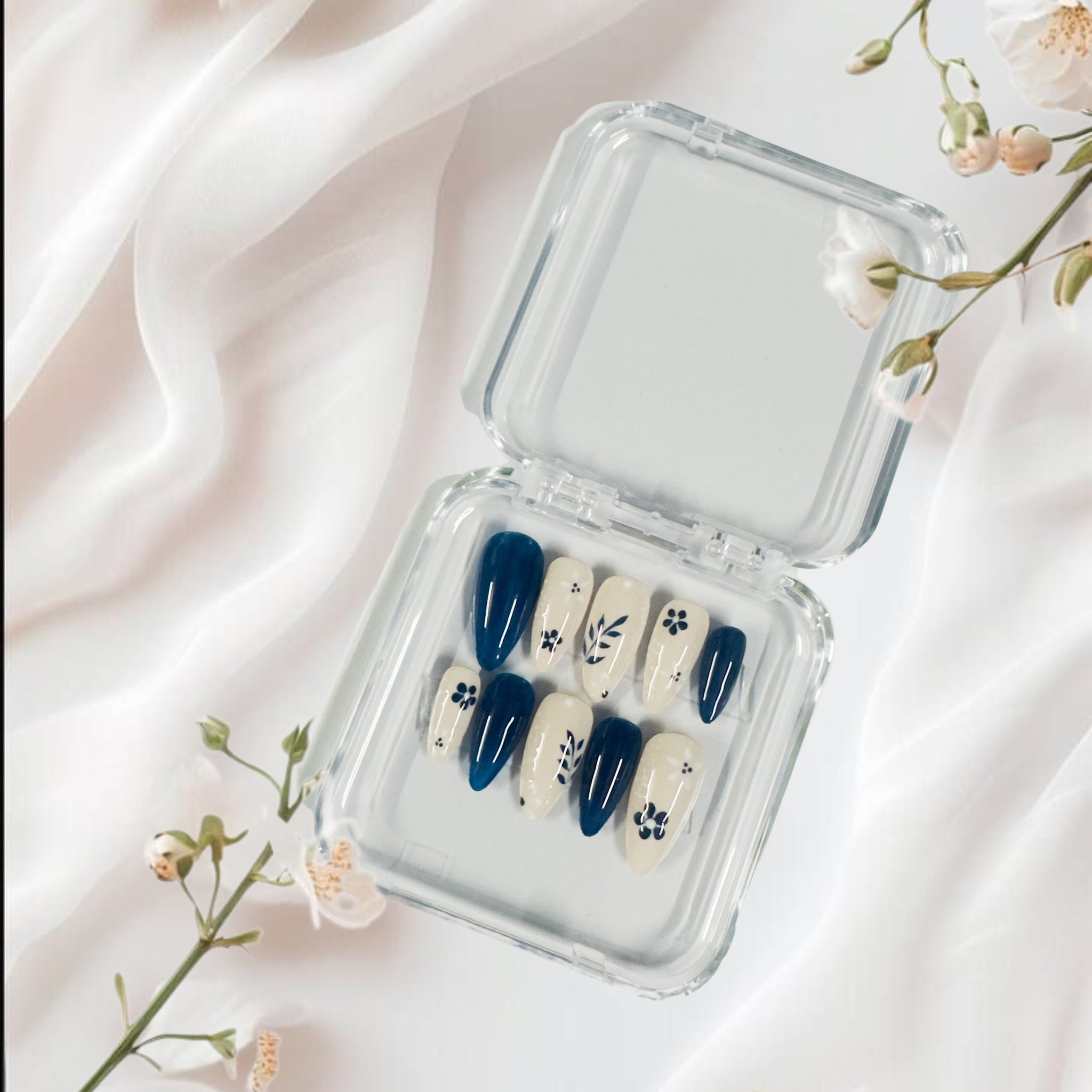 Navy Blossom Press-On Nails – Floral Chic Almond Set