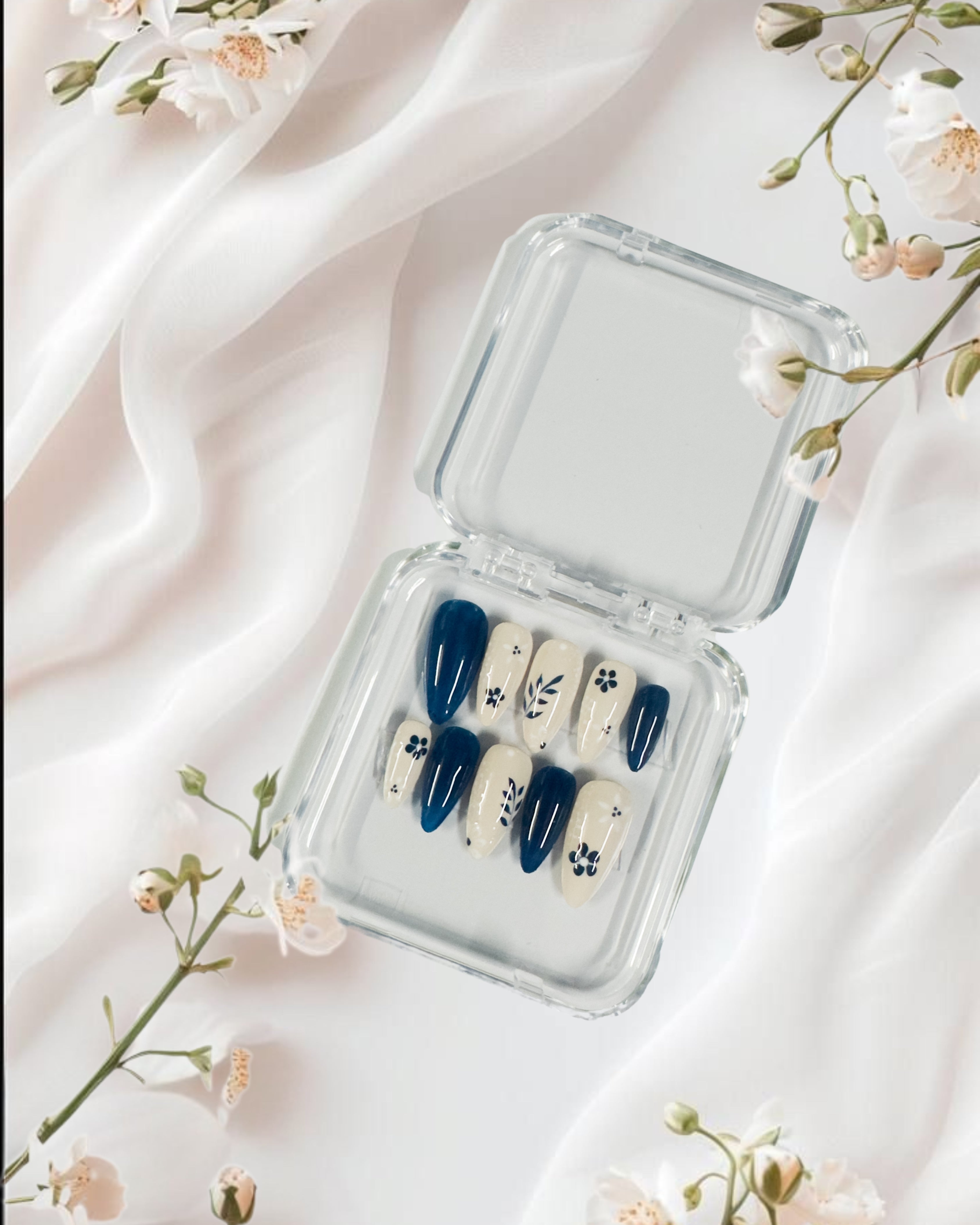 Navy Blossom Press-On Nails – Floral Chic Almond Set