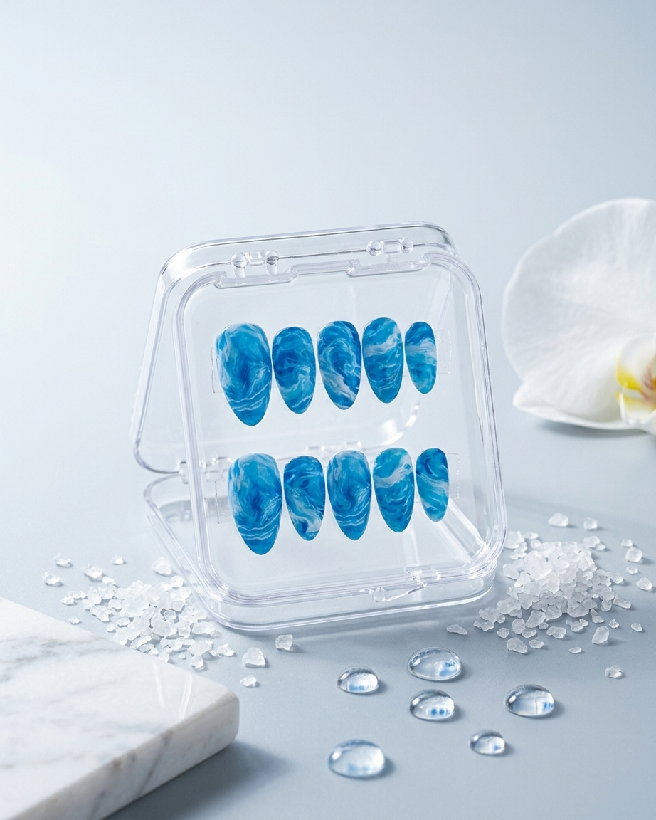 Blue ocean marble almond handmade reusable press on nails by Glossora