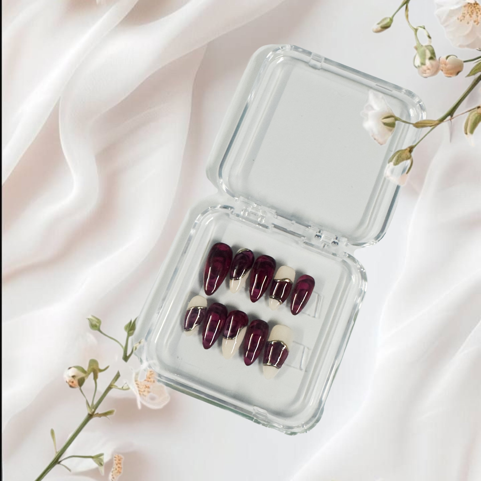 Wine Elegance Press-On Nails – Burgundy & Nude French Set