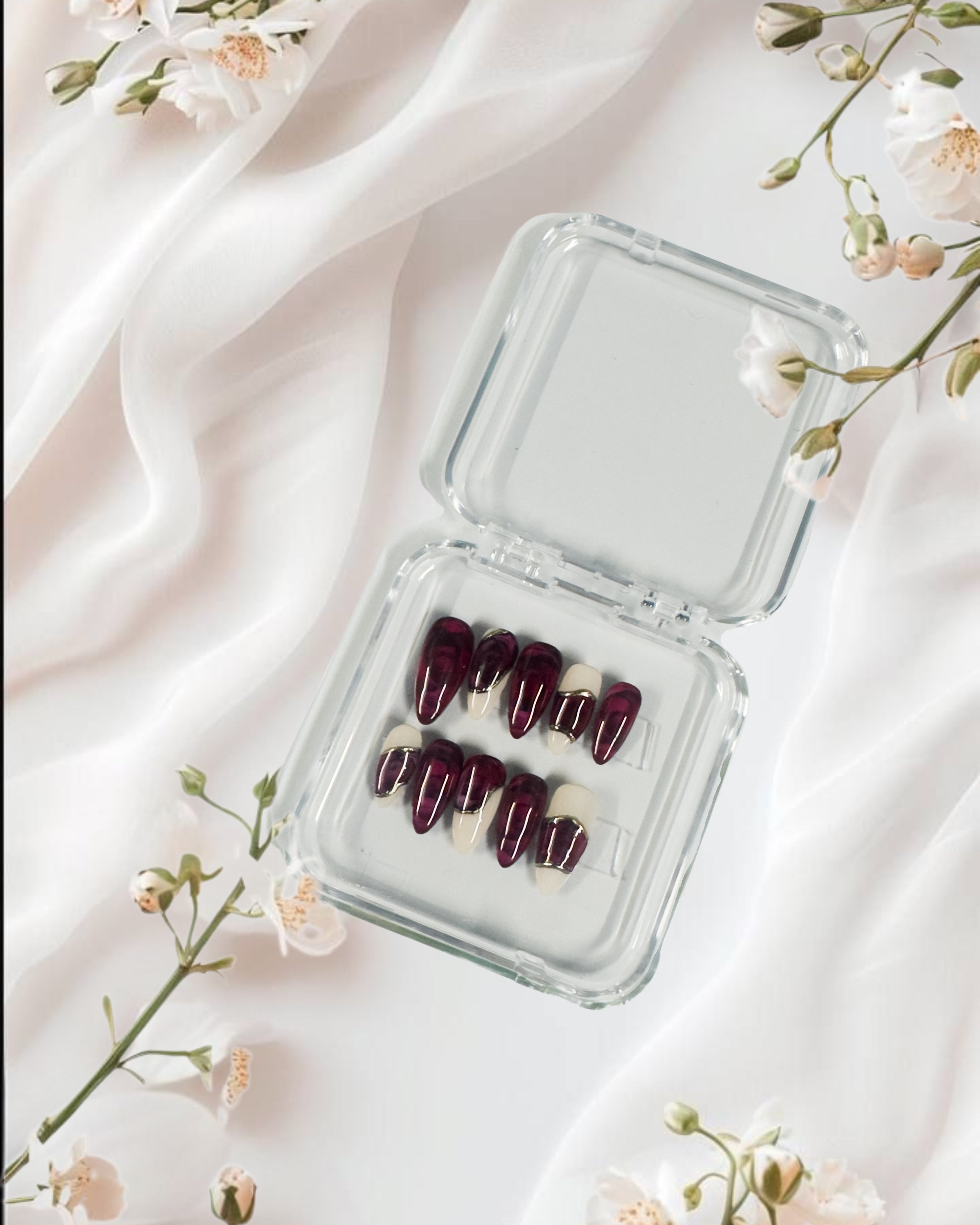 Wine Elegance Press-On Nails – Burgundy & Nude French Set