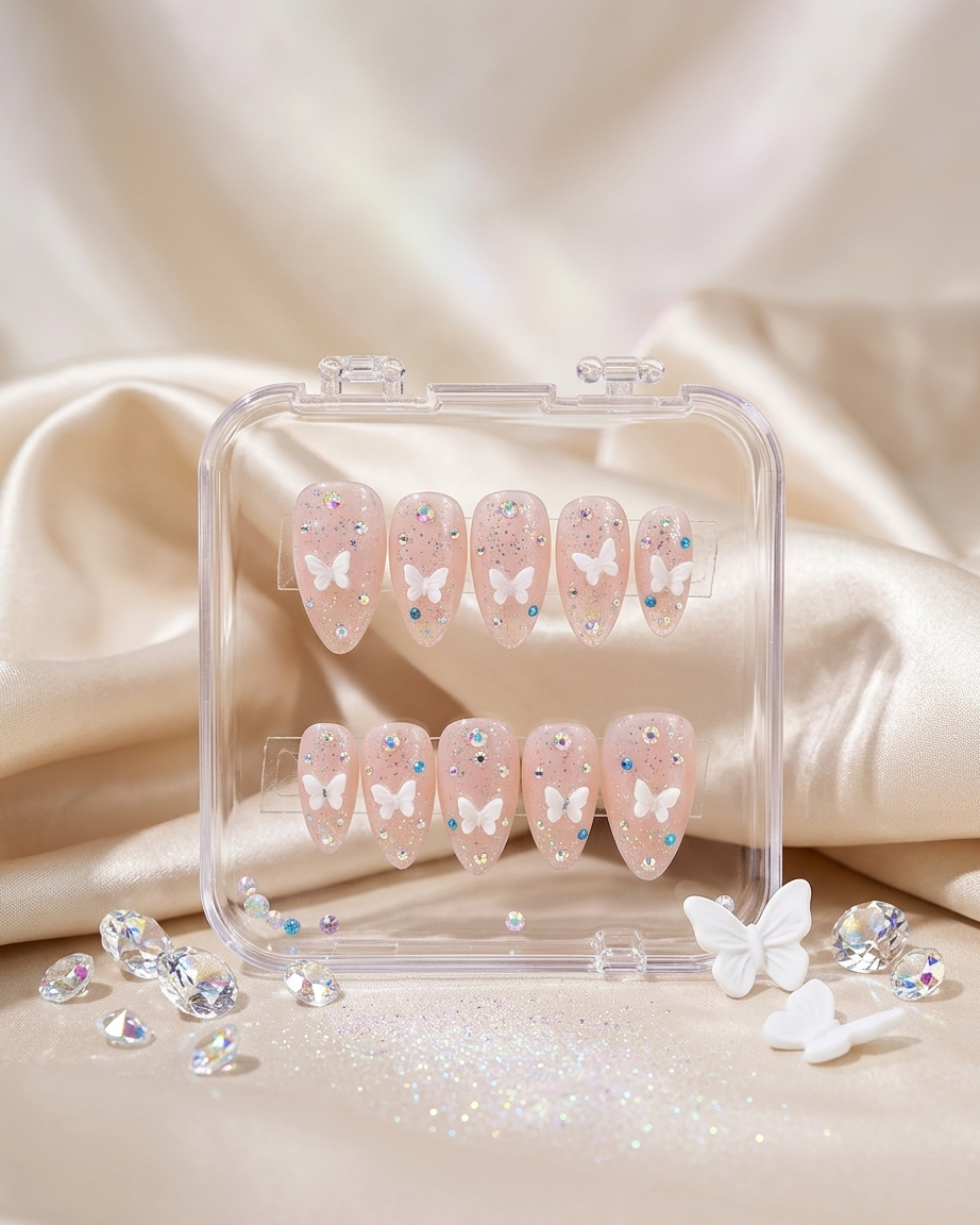 Blush pink butterfly handmade reusable press on nails
