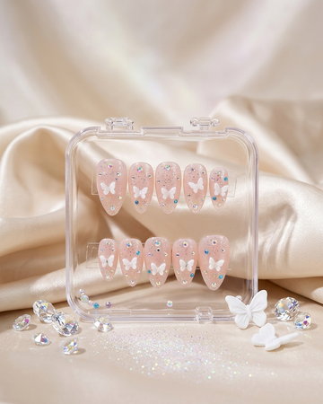 Blush pink butterfly handmade reusable press on nails