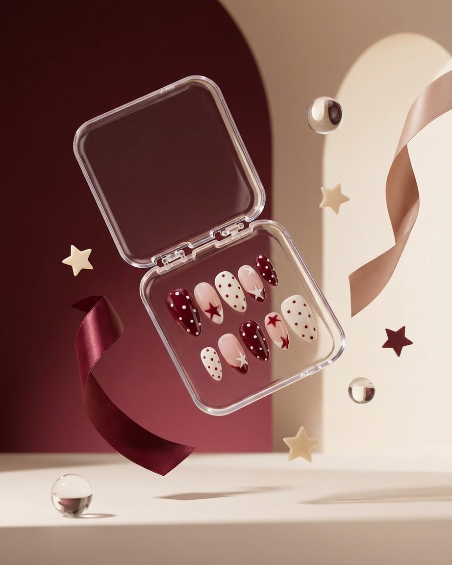 Cherry star pop handmade reusable press on nails by Glossora