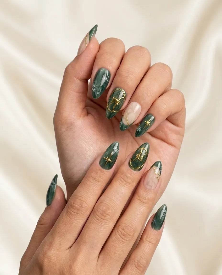 Emerald gold foil handmade reusable press on nails by Glossora