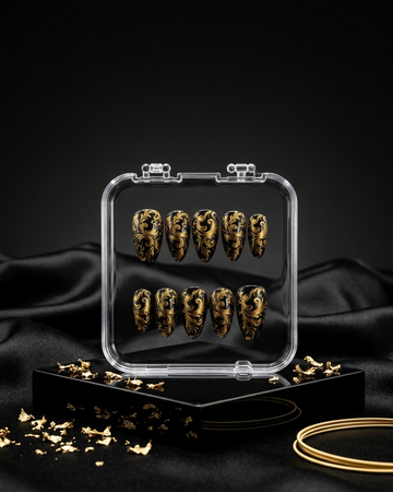 Black gold baroque handmade reusable press on nails by Glossora