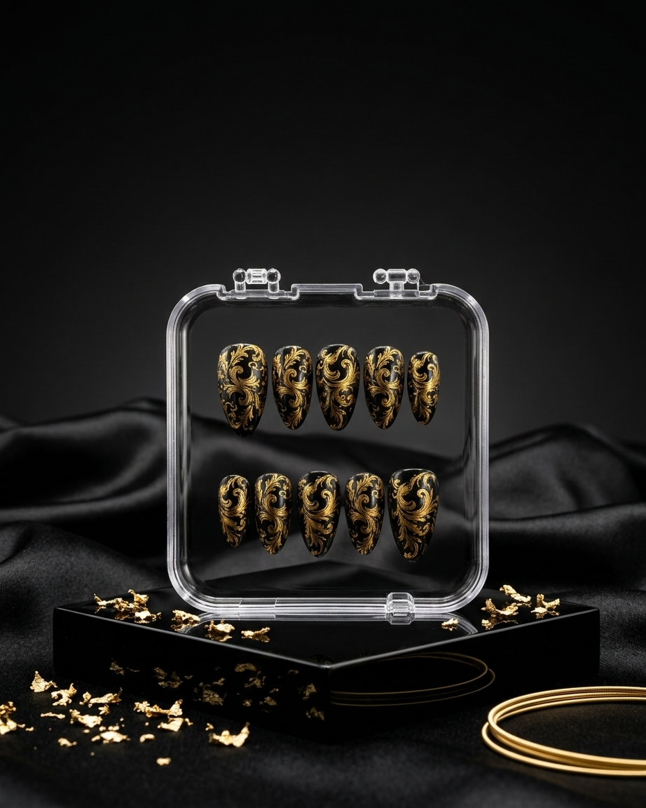 Black gold baroque handmade reusable press on nails by Glossora