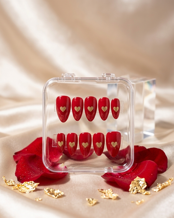 Ruby heart handmade reusable press on nails by Glossora