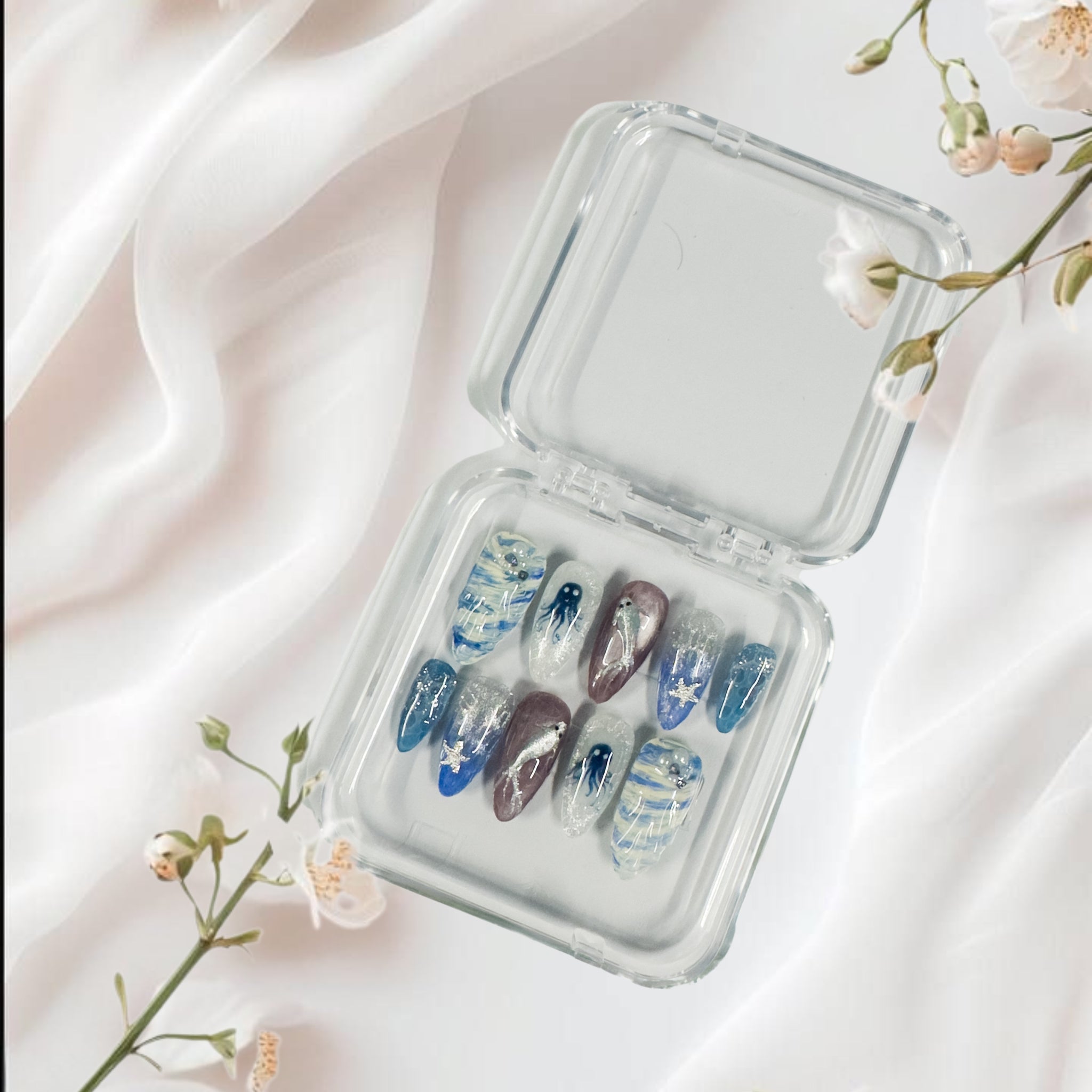Ocean Dream Press-On Nails – Blue & Silver Mermaid Set